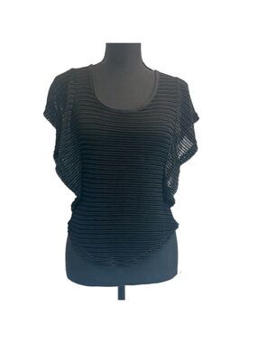 Discreet black mesh semi sheer ruffle frill sleeve blouse top stretchy